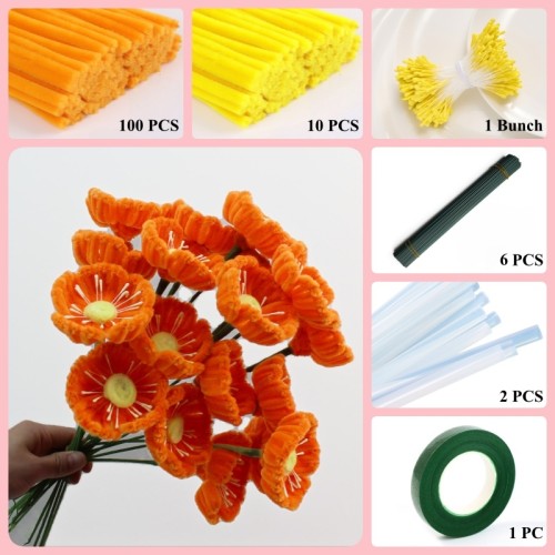 110 PCS * Pipe Cleaner Chenille Stems Handmade Helloborus‌ Flower Making Kit DIY Art Flower Bouquet Craft Set Hot Glue Sticks Tape 