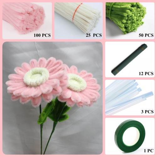 175 PCS * Pipe Cleaner Chenille Stems Handmade Gerbera Flower Making Kit DIY Art Flower Bouquet Craft Set Hot Glue Sticks Tape 