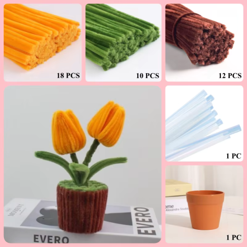 40 PCS * Pipe Cleaner Chenille Stems Handmade Golden Tulip Flowers Potted Plant Making Kit DIY Art Flower Bouquet Craft Set