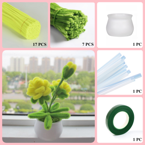 24 PCS * Pipe Cleaner Chenille Stems Handmade Rose Flowers Potted Plant Making Kit DIY Art Flower Bouquet Craft Set