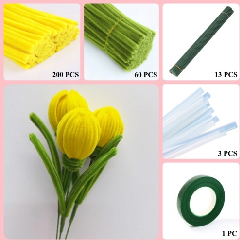 260 PCS * Pipe Cleaner Chenille Stems Handmade Tulip Flower Making Kit DIY Art Flower Bouquet Craft Set Hot Glue Sticks Tape 