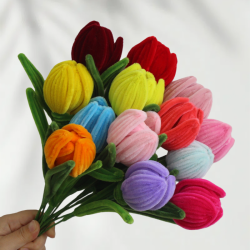 10 PCS * Handmade Pipe Cleaner Fat Tulip Flower Green Leaves Artificial Simulation Flower Indoor Home Desktop Party Wedding Decor