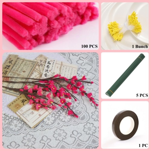 100 PCS * Pipe Cleaner Chenille Stems Plum Blossom Making Kit DIY Art Flower Bouquet Craft Set
