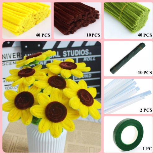 90 PCS * Pipe Cleaner Chenille Stems Handmade Sunflower Making Kit DIY Art Flower Bouquet Craft Set Hot Glue Sticks Tape 