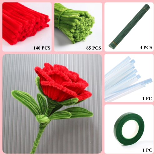 205 PCS * Pipe Cleaner Chenille Stems Handmade Rose Flower Making Kit DIY Art Flower Bouquet Craft Set Hot Glue Sticks Tape 