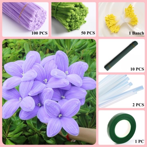 150 PCS * Pipe Cleaner Chenille Stems Handmade 4 Petals Lily Flower Making Kit DIY Art Flower Bouquet Craft Set Hot Glue Sticks Tape 