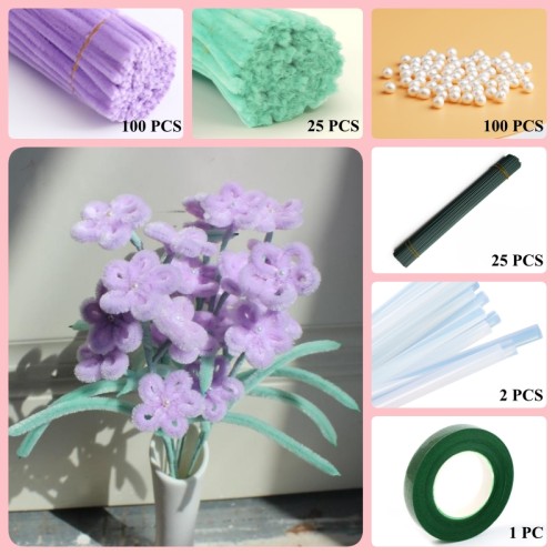 125 PCS * Pipe Cleaner Chenille Stems Handmade 4 Daisy Flowers Making Kit DIY Art Flower Bouquet Craft Set Hot Glue Sticks Tape 