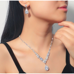 Women's Silver Color Fashion Wedding Jewelry Luxury Crystal Pearl Necklace/Earrings Ladies Jewelry Sets for Bridal