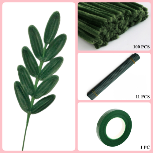 100 PCS * Pipe Cleaner Chenille Stems Handmade 9 Leaves Making Kit DIY Art Flower Bouquet Craft Set 